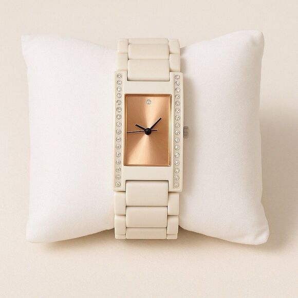 SEMPRE Women’s Rose Gold Watch Cream Ceramic Style Bracelet Crystal NEW BATTERY main image 4